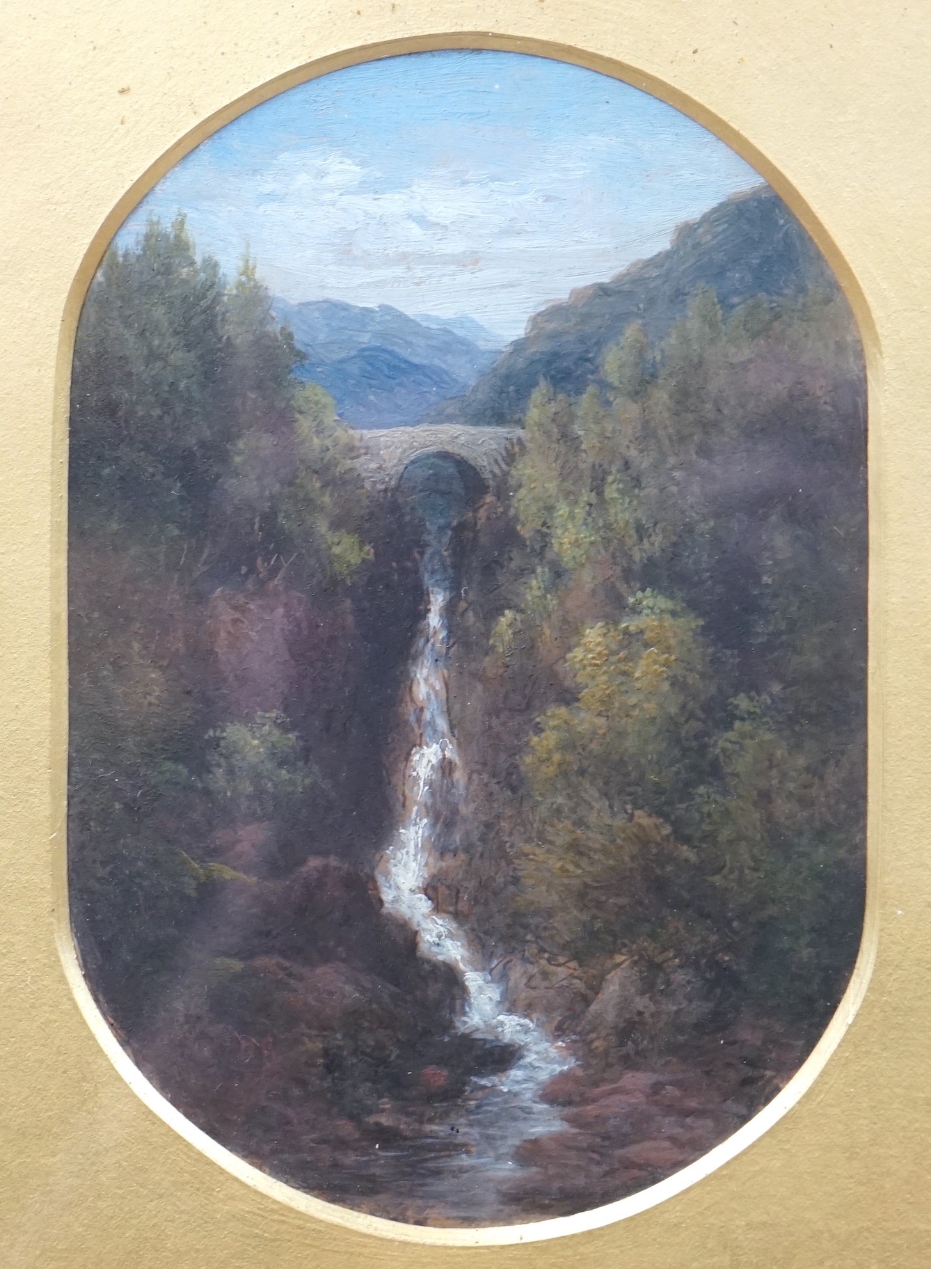 Attributed to Edmund Gill (1820-1894), oil on board, Bridge and waterfall, apparently unsigned, 15 x 10cm